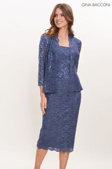 Gina Bacconi Blue Kayla Midi Length Sequin Lace Dress With Illusion Sleeve Jacket (C50060) | £240