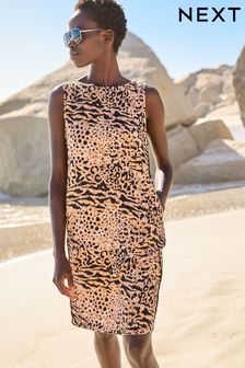 Animal Print Sleeveless Linen Blend Mini Shift Dress (C50318) | £28