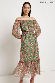 River Island Green Long-Sleeved Bardot Midi Dress