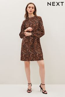 Brown Animal Long Sleeve Lace Trim Mini Dress (C52913) | £32