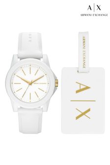 Armani Exchange Silicone Lady Banks White Watch & Luggage Tag Gift Set