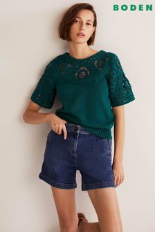 Boden Green Crochet Detail Knitted T-Shirt