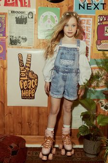 Light Blue With floral AOP Denim Dungarees (3-16yrs) (C58123) | £21 - £26