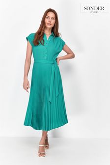 Sonder Studio Green Pleated Shirt Dress