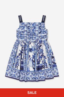 Dolce & Gabbana Kids Girls Majolica Print Sleeveless Dress in Blue