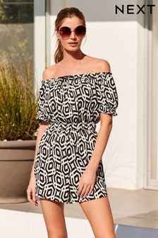 Black/White Geo Puff Sleeve Bardot Playsuit (C60729) | £24