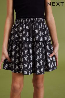 Black/Ivory White Floral Woodblock Print Soft Jersey Tiered Skirt (3-16yrs) (C63088) | £9 - £14