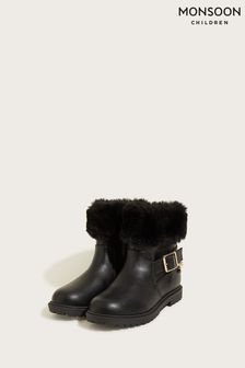 Monsoon Faux Fur Trim Chain Heart Black Boots (C65004) | £36 - £40