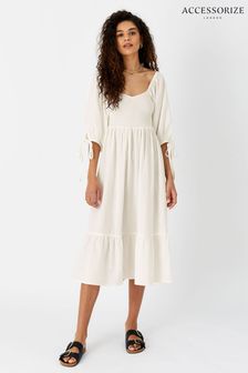 Accessorize White Puff Sleeve Textured Midi Dress