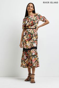 River Island Black Short Sleeve Lace Midi Tea Dress