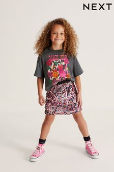 Charcoal Grey Printed T-Shirt And Sequin Skirt Set (3-16yrs) (C67420) | £22 - £28
