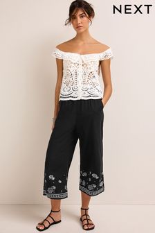 Black Linen Mix Embroidery Culotte Trousers (C68368) | £32