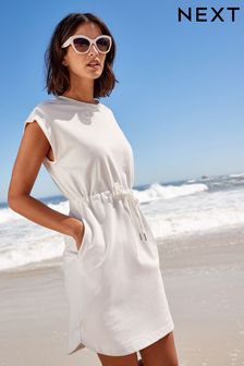 Ecru White Elevated Short Sleeve Waist Detail Sweater Dress (C68437) | £35