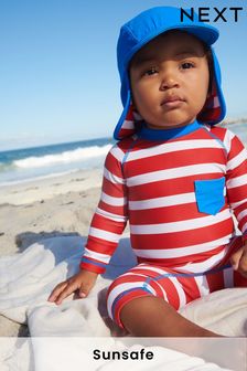 Red Stripe Longer Length Sunsafe Swimsuit And Hat (3mths-7yrs) (C69653) | £18 - £22