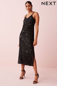 Black Sequin Strappy Cami Midi Party Dress (C69820) | £76