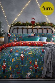 furn. Blue Nutcracker Christmas Reversible Duvet Cover and Pillowcase Set