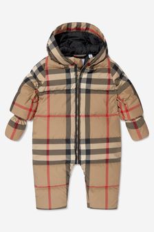Burberry Kids Baby Check Print River Puffer Snowsuit in Beige