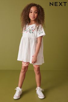 Ecru Embroidered Floral Oversized T-Shirt and Cycling Shorts Set (3-16yrs) (C73557) | £18 - £24
