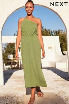 Khaki Green One Shoulder Split Hem Cotton Midi Summer Dress (C74726) | £26