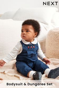 Navy Smart Woven Baby Dungaree With Collared Bodysuit (0mths-3yrs) (C76056) | £23 - £25