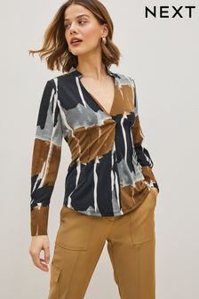 Black/Brown Abstract Print Long Sleeve Corset Detail V-Neck Blouse (C76237) | £36