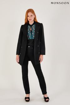Monsoon Diana Military Wool Mix Pea Black Coat With Recycled Polyester (C77474) | £140