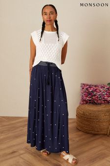 Monsoon Blue Embroidered Shirred Maxi Skirt