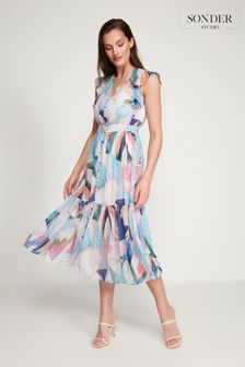 Sonder Blue Studio Palm Print Chiffon Dress