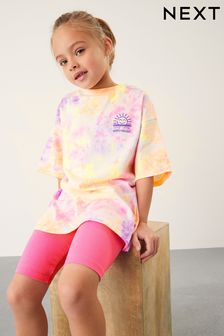 Fluro Pink Tie Dye T-Shirt And Cycling Shorts Set (3-16yrs) (C81866) | £16 - £22