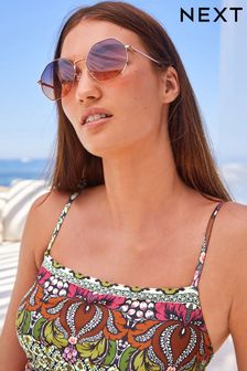 Gold (Metal) Metal Frame Hexagon Sunglasses (C82158) | £15