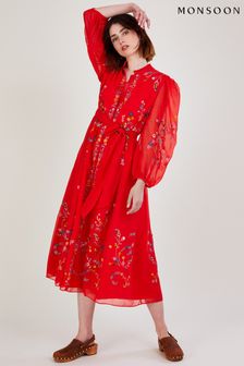 Monsoon Emily Red Embroidered Shirt Dress In Recycled Polyester