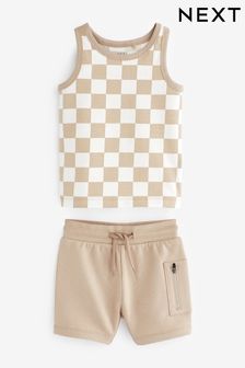 Tan Brown/Ecru Cream Checkerboard Vest And Shorts Set (3mths-7yrs) (C83348) | £10 - £14