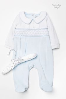 Rock A Bye Baby Boutique Blue Velour Smocking Detail Sleepsuit (C83616) | £18