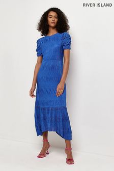 River Island Blue Short Sleeve Release Pleat Midi Dress