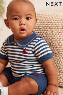 Navy/White Knitted 2pc Baby Short and Collar Top Set (0mths-2yrs) (C84361) | £20 - £22