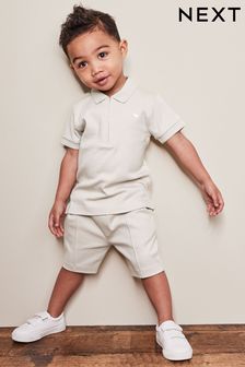 Neutral Cream Short Sleeve Jersey Zip Neck Polo Shirt And Shorts Set (3mths-7yrs) (C84558) | £14 - £18