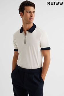 Reiss White/Navy North Mercerised Zip Neck Polo T-Shirt (C87473) | £68