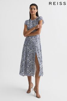 Reiss Blue Livia Printed Cut Out Back Midi Dress (C89274) | £158