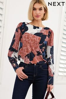 Pink Floral Long Sleeve Crew Neck Cuff Blouse (C90164) | £32