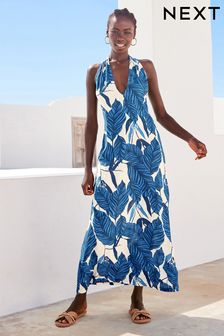 Blue on White Floral Halterneck Midi Coverup Summer Dress (C94069) | £32