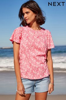 Pink Floral Ditsy Smocked Short Sleeves Round Neck Top (C94832) | £18