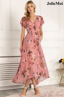 Jolie Moi Pink Eliza Dip Hem Mesh Maxi Dress (C95568) | £89
