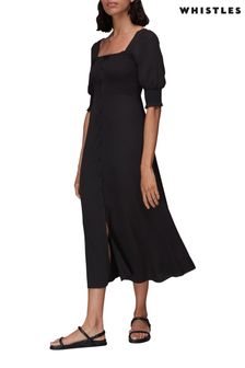 Whistles Luna Black Shirred Bodice Midi Dress (C95718) | £139