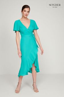 Sonder Studio Glamour Green Ruffle Wrap Midi Dress