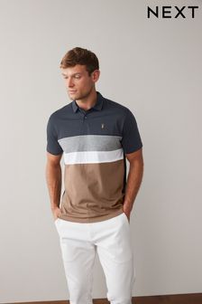 Tan Brown/Navy Blue Chest Block Polo Trunks Shirt (C98595) | £18