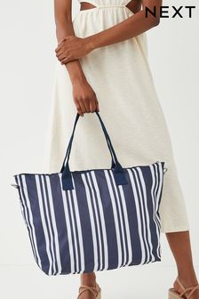 Navy Blue/White Stripe Fold-Away Beach Bag (C98647) | £22