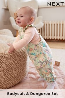 Green Floral Sweat Jersey Baby Dungarees And Bodysuit Set (0mths-3yrs) (CM5969) | £18 - £20