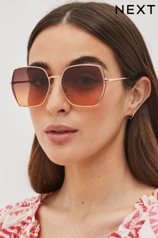 Gold (Metal) Soft Hexagon Gold Metal Frame Sunglasses (D01495) | £16