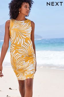 Yellow Palm Print Sleeveless Linen Blend Mini Shift Dress (D07034) | £28