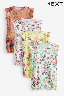 Coral Pink/Mint Green Floral Baby Rompers 4 Pack (D07892) | £19 - £23